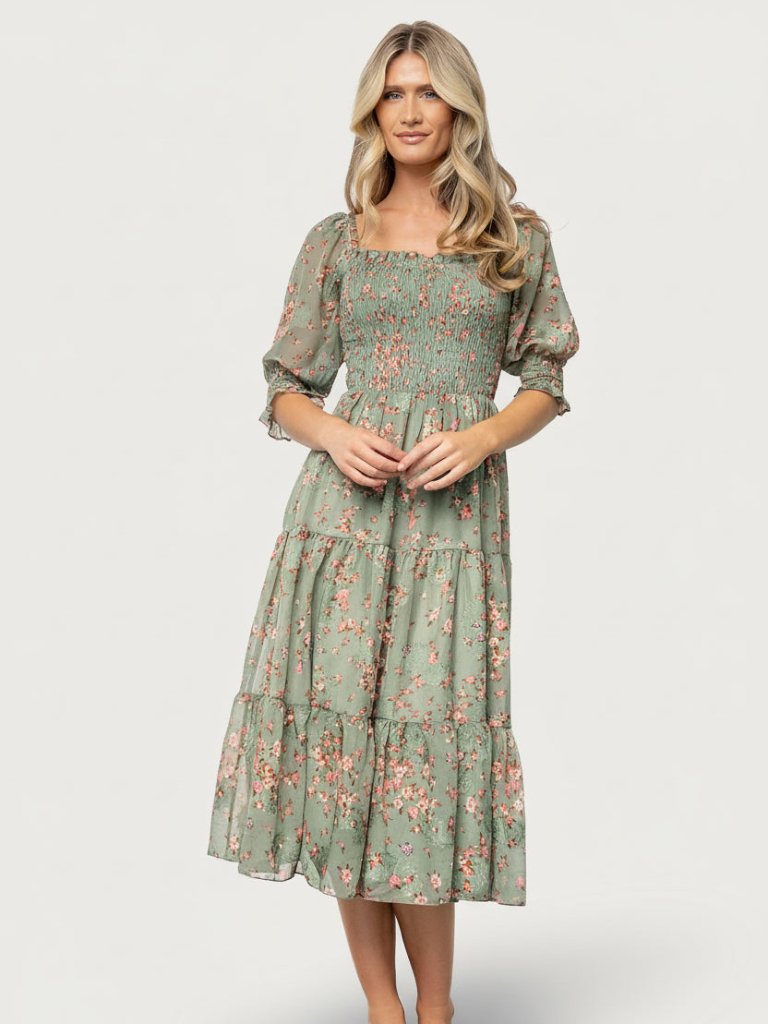 Baltic Born Fabian Jacquard Midi Dress | Eucalyptus + Pink Size Ss
